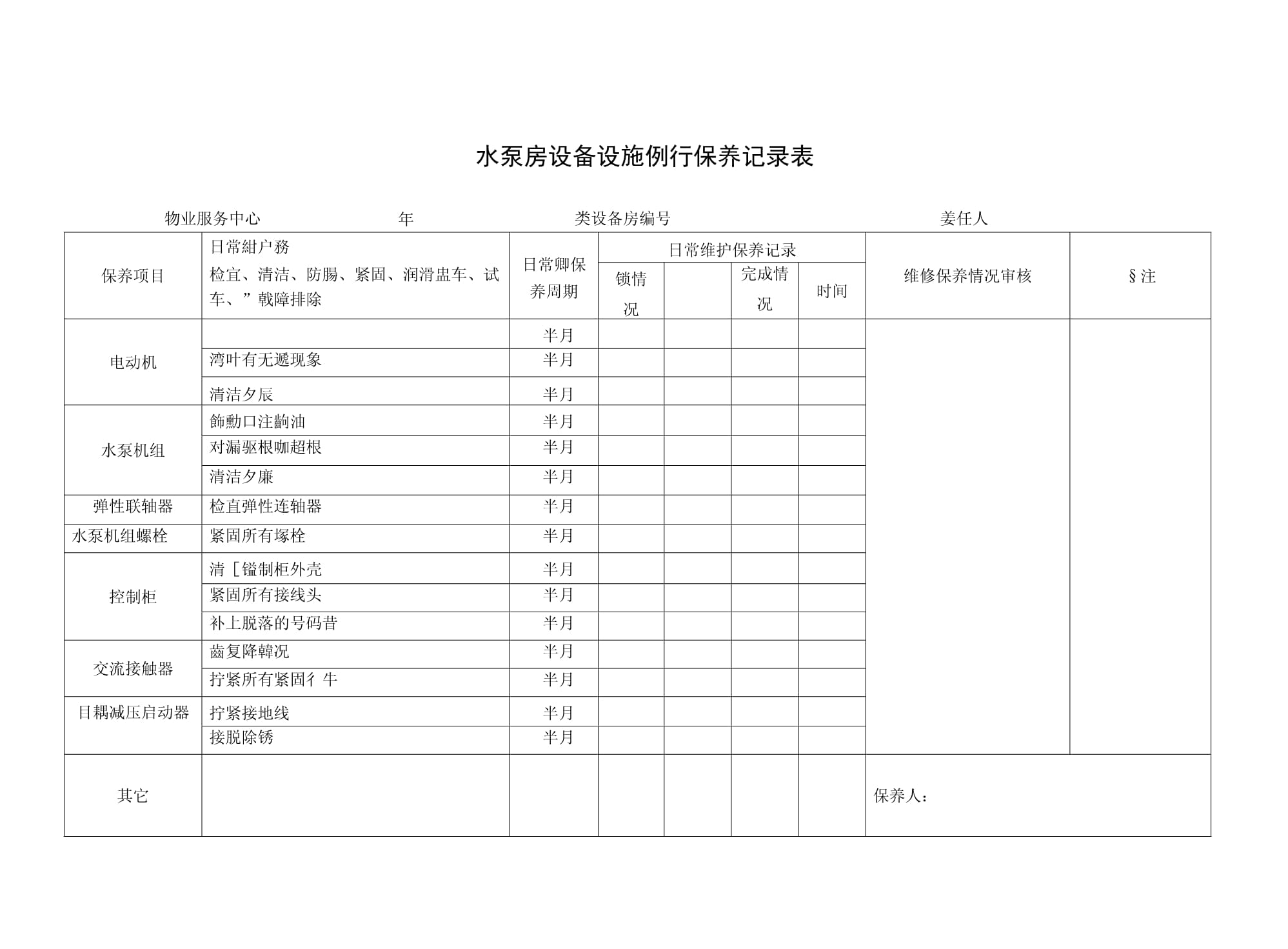 物业管理公司水泵房设备设施例行保养记录表